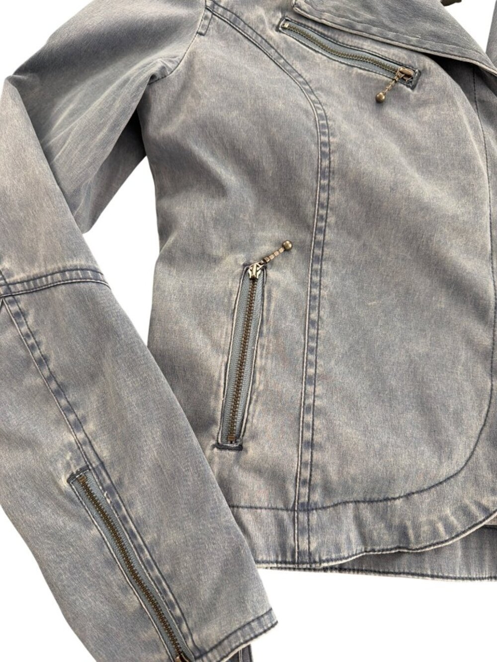 Harley Davidson Embroidered Gray Blue Denim Jacket Riding Tie Up Zippers XS NWOT - Picture 3 of 8